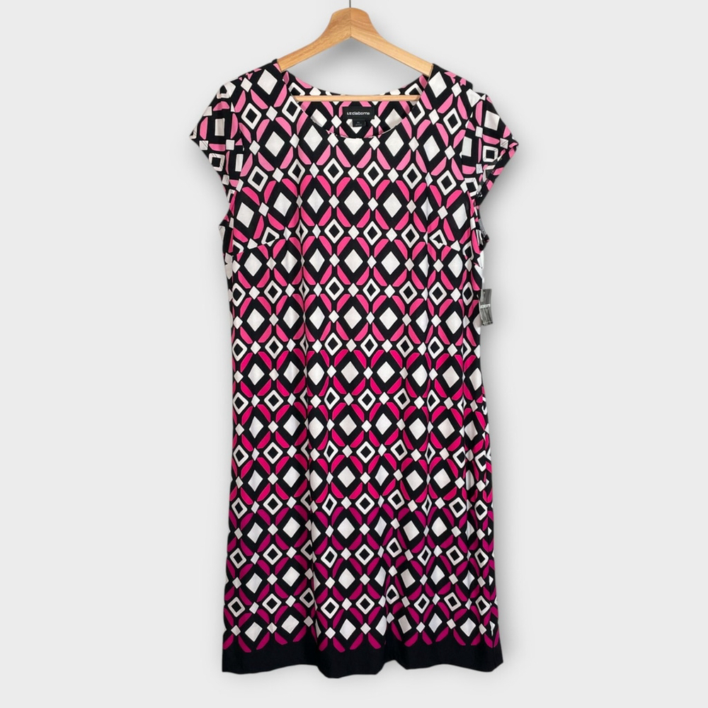 Liz Claiborne Shift Dress LARGE Geometric Pink Black Stretch Mod Retro NEW
